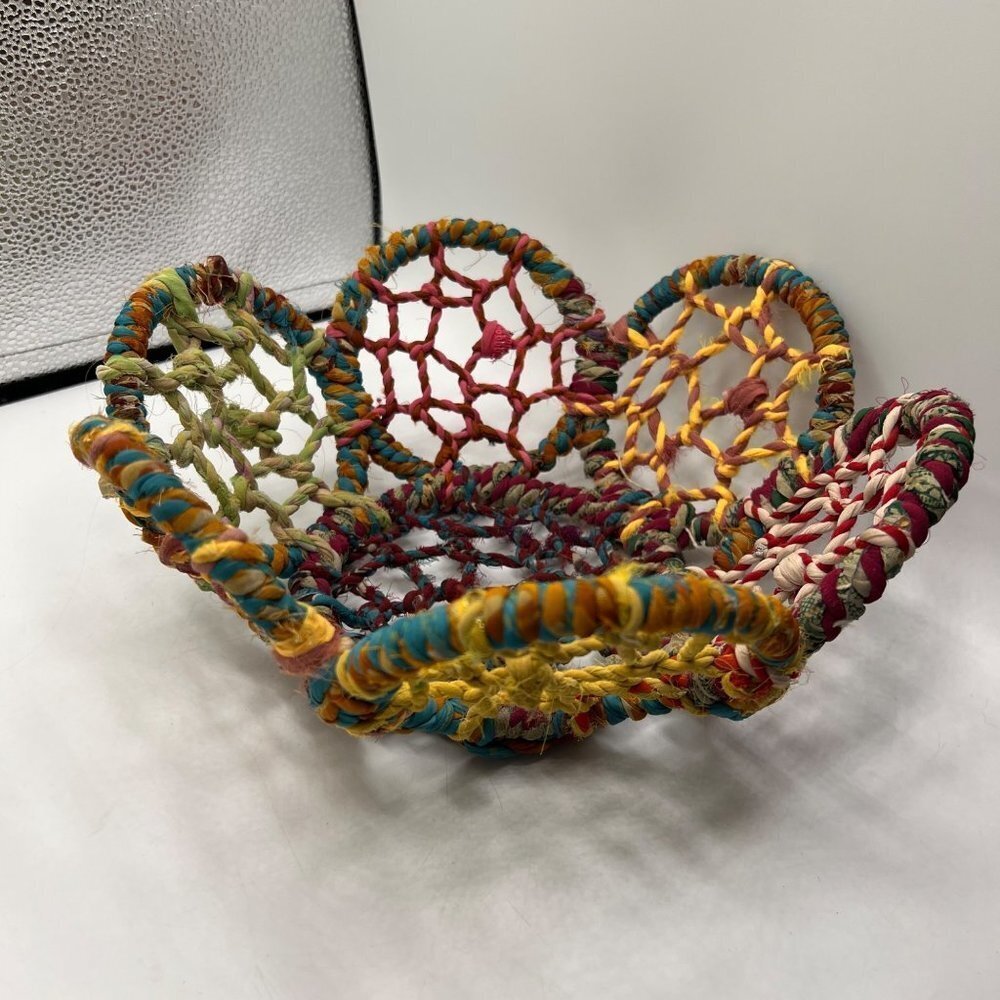 Vintage 80’s fabric wrapped boho colorful large metal basket bowl.